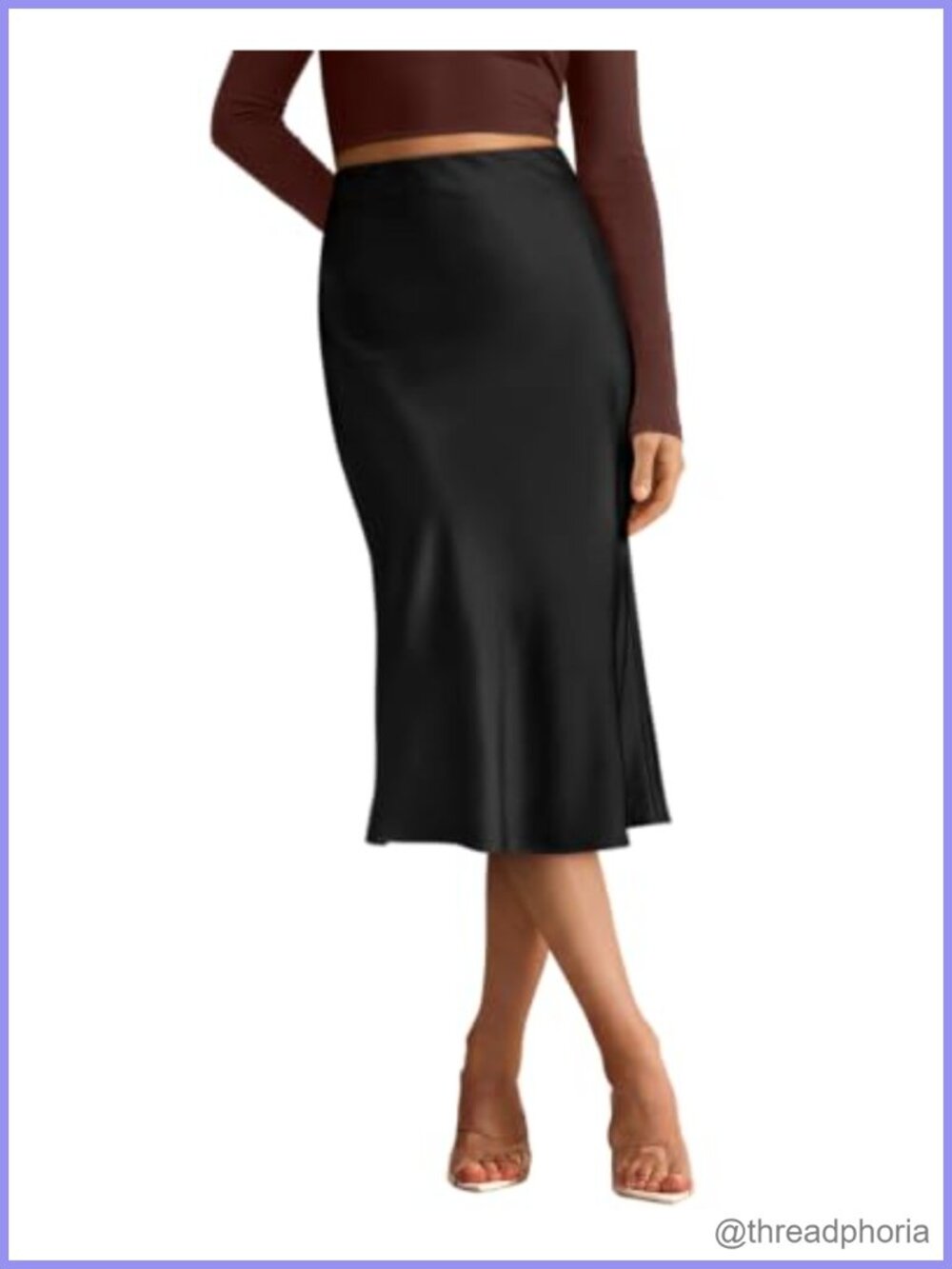 Satin Midi Skirt High Waisted A-Line Hidden Elastic Waist Semi-Gloss Drape